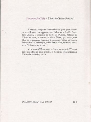 [CÉLINE (L.-F.)]. Souvenirs de Clichy, Éliane et Charles Bonabel