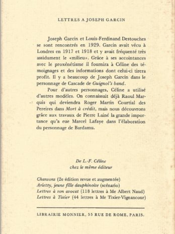 L.F. Céline, Lettres à Joseph Garcin (1919-1938)